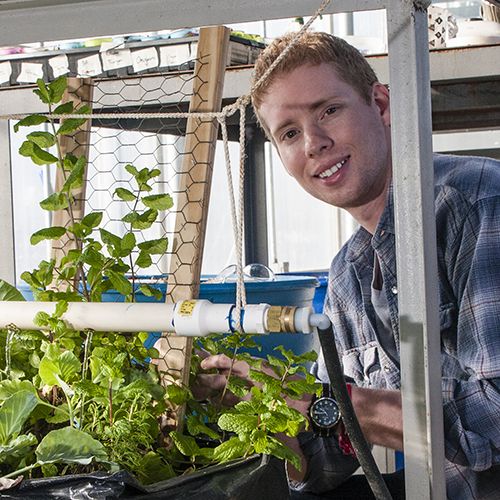 student stands with plants in greenhouse